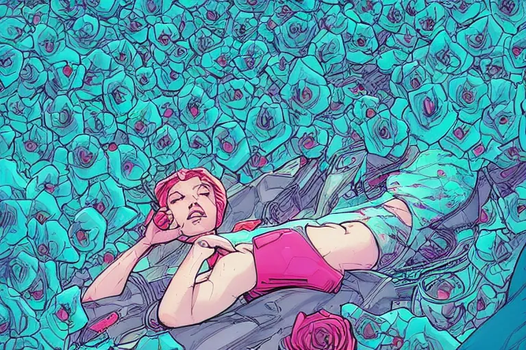 Image similar to comic book illustration, an android princess lying on a bed of roses, cyberpunk concept art by josan gonzales and Moebius, highly detailed, intricate, sci-fi, sharp focus, Trending on Artstation HQ, deviantart