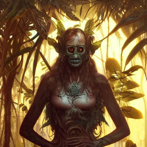 Image similar to a hyperrealistic illustration of a dark figure in a jungle, Jungle with fractal sunlight, award-winning, masterpiece, in the style of Tom Bagshaw, Cedric Peyravernay, Peter Mohrbacher