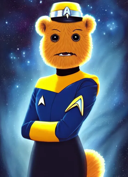 Image similar to cute star trek officer honey monster, natural lighting, path traced, highly detailed, high quality, digital painting, by don bluth and ross tran and studio ghibli and alphonse mucha, artgerm