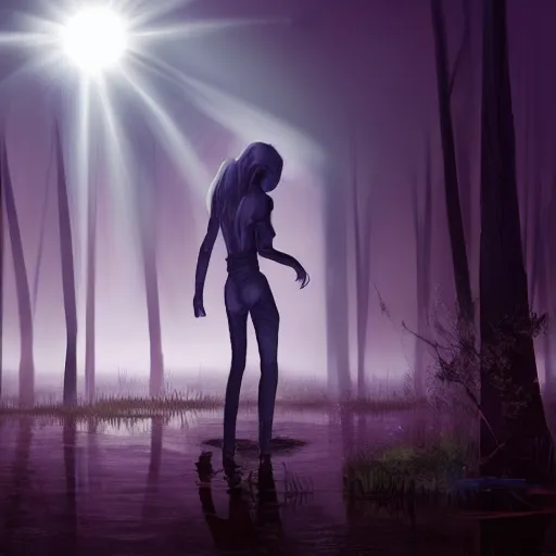 Prompt: a dirty lost person is following a floating blue glowing ball of light through a foggy swamp , Eternal cardgame art style .