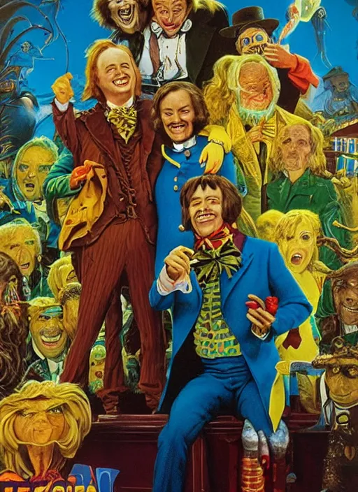 Prompt: portrait of a deliriously happy willy wonka ( 1 9 7 1 ), jeff easley, earl norem, ominous, satanic, american realism, greg hildebrandt, artgerm, poster art, highly detailed