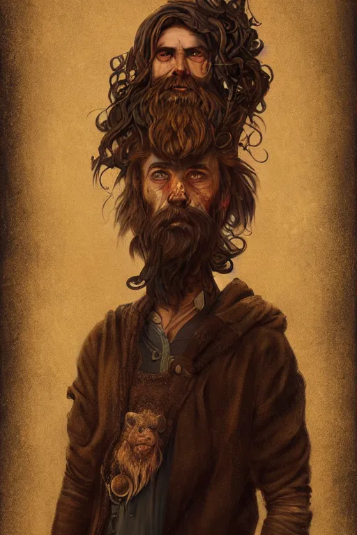 Prompt: full-body portrait of a majestic hobo, brown and gold, rags, beard, fisheye lens, by Anato Finnstark, Tom Bagshaw, Brom