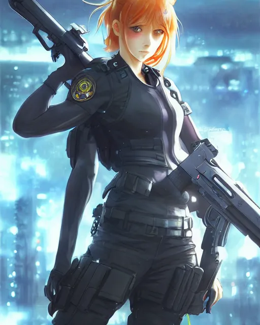 Image similar to nami, anime key visual of a young female swat officer, neon, cyberpunk, futuristic, white top, black vest, stunning, highly detailed, digital painting, smooth, soft focus, illustration, 4 k digital art from artstation by artgerm and greg rutkowski and alphonse mucha