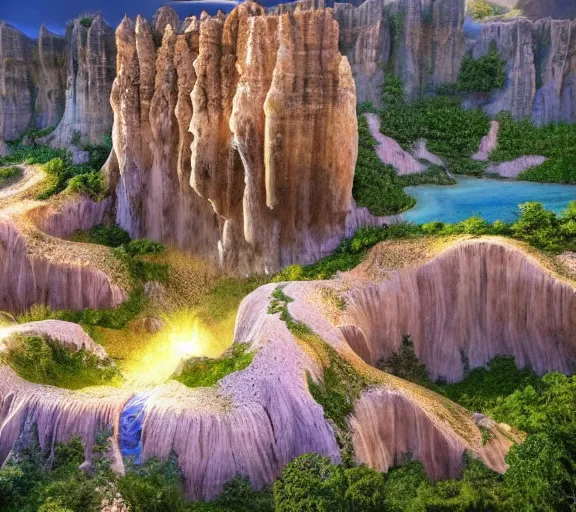 Image similar to Asgard ethereal castle, high-end civilization, luxurious onsens, with lush expensive Singaporean sakura season, asgardian bathhouse, onsens, located on Waimea canyon in Antelope canyon, Pamukkale, beautiful smooth sandstone in unique shapes with light beams that shine through its walls, gold striated interstellar swirling finish, white travertine terraces, digital painting, concept art, smooth, sharp focus, from Star Trek 2021, illustration, by WLOP and Ruan Jia and Mandy Jurgens and William-Adolphe Bouguereau, Artgerm