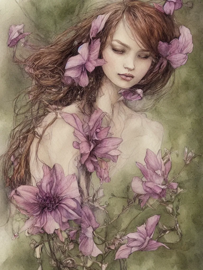 Image similar to study of a flower fairy, illustration, watercolor, alan lee, detailed, pretty, ethereal, realistic, artstation,