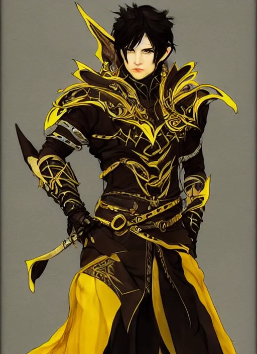 Prompt: Half body portrait of a handsome elven wind mage with short brown black hair wearing ornate dark yellow attire. In style of Yoji Shinkawa and Hyung-tae Kim, trending on ArtStation, dark fantasy, great composition, concept art, highly detailed, dynamic pose.