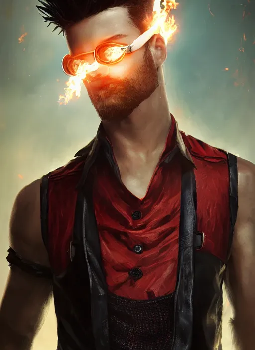 Image similar to An epic fantasy comic book style portrait painting of young man with long red spiked hair. Wearing a black waistcoat, white shirt, using googles. Blasting fire on his hands. Unreal 5, DAZ, hyperrealistic, octane render, cosplay, RPG portrait, dynamic lighting