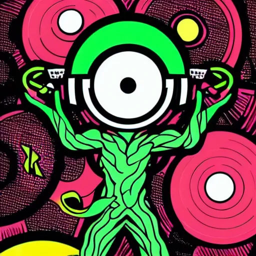 Image similar to svg sticker of a Pop-Wonder Groot-Marvel-Avenger at a rave, spinning records, giant headphones rocking out, wearing headphones, huge speakers, dancing, rave, DJ, spinning records, digital art, amazing composition, rule-of-thirds, award-winning, trending on artstation, featured on deviantart