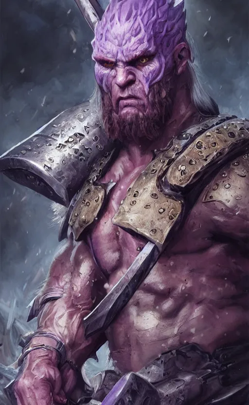 Prompt: amazing masterclass portrait of a ruthless purple barbarian cyclops, giant axe, 8 k, hyperrealistic, dragon slayer, hyperdetailed, fantasy portrait by laura sava