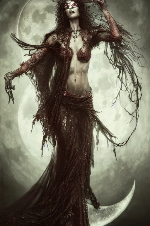 Prompt: breathtaking detailed soft painting of grim reaper dancer in gauze dress, with long hair and piercing eyes in bleeding meat, in an intricate medieval stained glass moon, rembrandt style, elegant, highly detailed, artstation, concept art, matte, sharp focus, art by tom bagshaw, luis royo and greg rutkowski