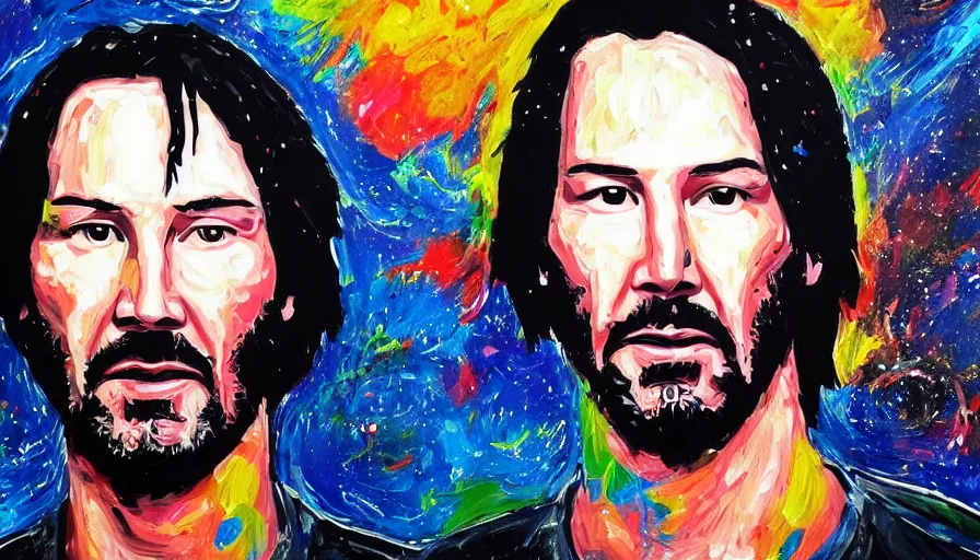 Image similar to portrait of Keanu reeves floating in space with a distressed look on his face, acrylic paint on canvas,