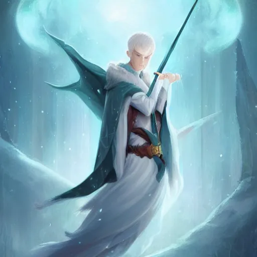 Image similar to handsome pointy - eared male snow elf in a turquoise cape as an archer, albino skin, mid - shot, moonlight snowing, ethereal opalescent mist, winter vibes, perfect face, elegant, very coherent symmetrical artwork, by wenjun lin, krenz cushart, charlie bowater, trending on artstation