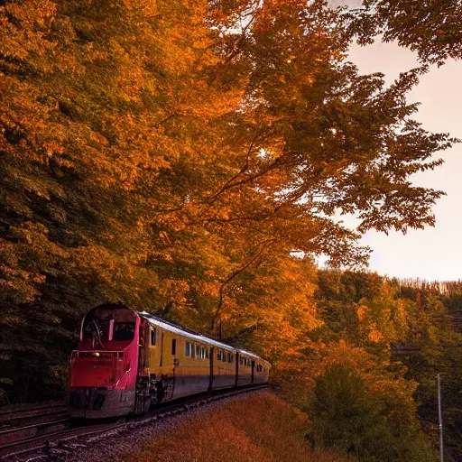 Prompt: train, touring Quebec, trees, scenery, artistic, hyper realistic, golden hour lighting