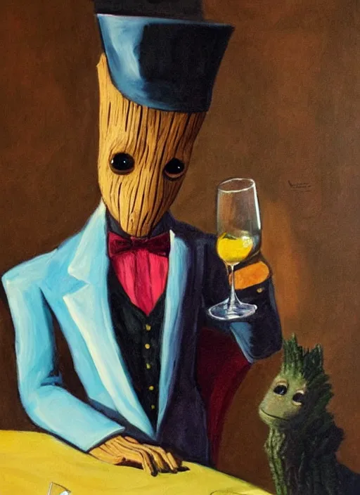 Image similar to painting of the groot as a gentleman wearing tuxedo drinking wine, vivid colors, masterpiece, artwork