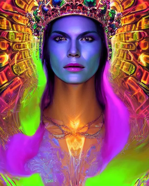 Image similar to a powerful energy psychedelic matrix queen with a crown, by alexander fedosav, hyper detailed digital matte painting, concept art, hyperrealism, 1 6 k resolution, cinema 4 d, 8 k resolution, trending on artstation, behance hd, a masterpiece, by stephan martiniere, particles, cel - shaded, power bright neon energy, by david a. hardy