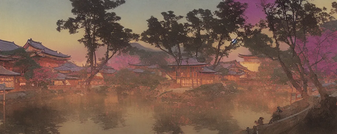 Image similar to a beautiful painting of an ancient japanese town nearby a small river in the evening by alfons maria mucha and ivan aivazovsky, ultra detailed, volumetric lighting, pink vibe