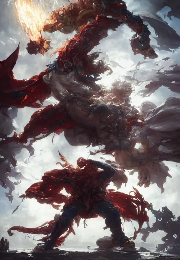 Image similar to a dynamic fight between a colossal white obese monstrosity and a medieval sorcerer, colourful, by by artgerm and greg rutkowski and ruan jia