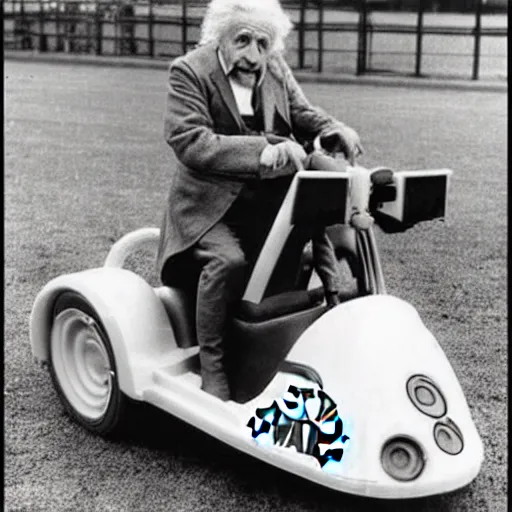 Image similar to Albert Einstein driving a Star Wars Speeder bike