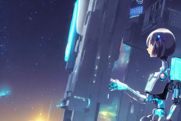 Prompt: makoto shinkai. robotic android girl. futuristic cyberpunk dystopia. vibrant nebula sky. Blue robotics.