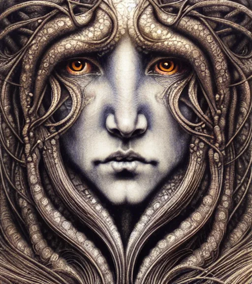 Image similar to detailed realistic beautiful werewolf goddess face portrait by jean delville, gustave dore, iris van herpen and marco mazzoni, art forms of nature by ernst haeckel, art nouveau, symbolist, visionary, gothic, neo - gothic, pre - raphaelite, fractal lace, intricate alien botanicals, ai biodiversity, surreality, hyperdetailed ultrasharp octane render