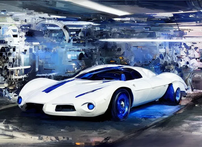 Prompt: luxurious white and royal blue sportscar by John Berkey and Vincent Di Fate, rule of thirds, concept car, beautiful, in intergalactic hq, ethereal lighting, smooth,