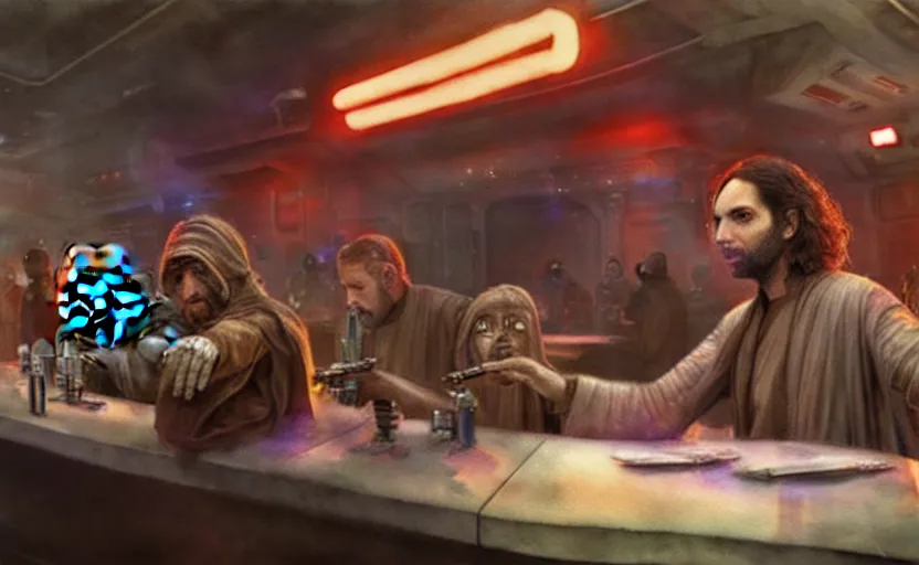 Image similar to a realistic star wars watercolor fantasy concept art of a drug dealer that looks like chris d'elia in a sleazy futuristic bar of coruscant, hq, 4 k