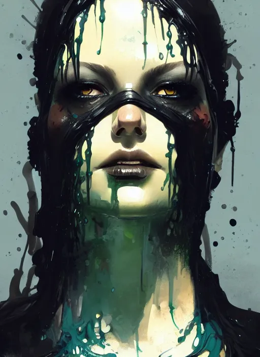 Image similar to painting of a woman in black slime, highly detailed, digital painting, concept art, smooth, sharp focus, illustration, illustration by greg rutkowski, yoji shinkawa, 4 k, digital art, concept art, trending on artstation, 8 k