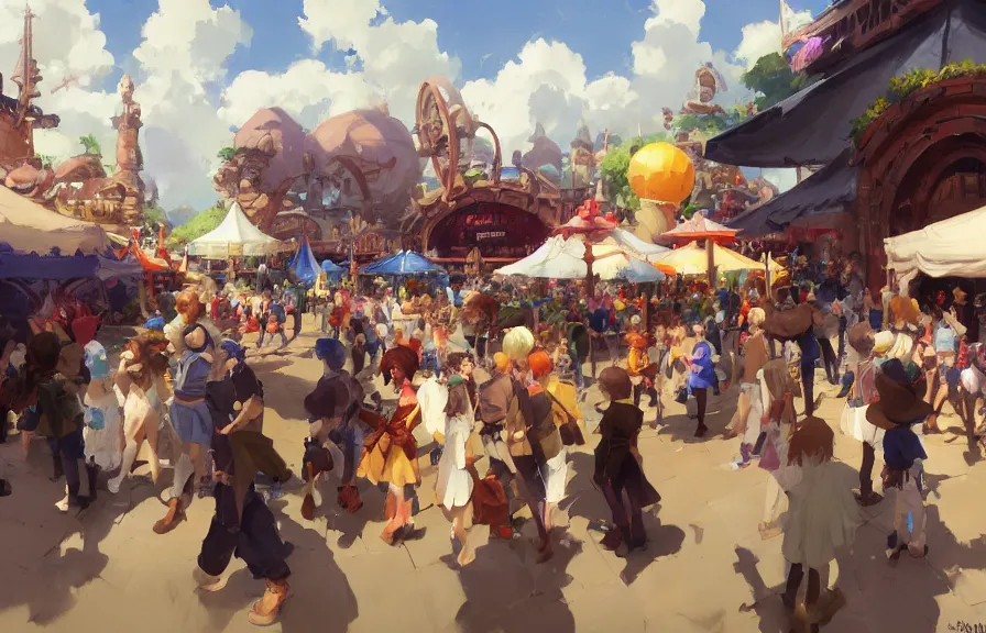 Prompt: greg manchess concept art of the millennial fair from chrono trigger, outdoor fairgrounds, colorful pavillions, key visual, ambient lighting, highly detailed, digital painting, artstation, concept art, sharp focus, by makoto shinkai and akihiko yoshida and hidari and wlop and greg rutkowski