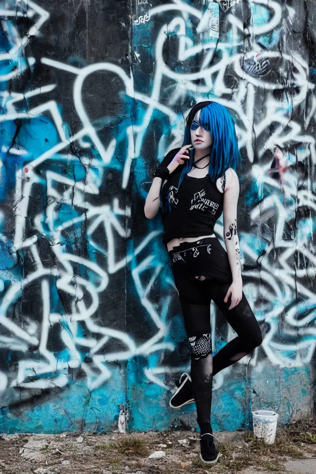 Image similar to a portrait of a grunge emo girl who has blue hair, a nose ring, black nails, fish net leggings, and is outside of a abandoned building with graffiti on it. Shallow depth of field. 4k hyperdetailed. Rendered with octane.