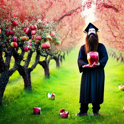 Prompt: beautiful professional portrait photograph of a wizard with a very long beard brewing potions in an apple orchard