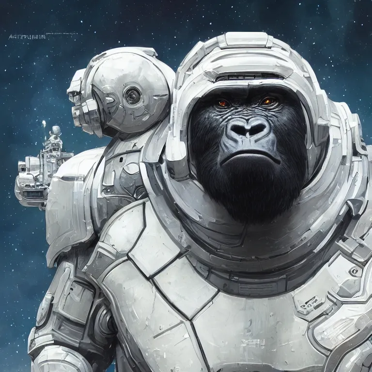 Image similar to detailed science-fiction character portrait of a silverback gorilla wearing a white armored space suit, intricate, wild, highly detailed, digital painting, artstation, concept art, smooth, sharp focus, illustration, art by artgerm and greg rutkowski and alphonse mucha