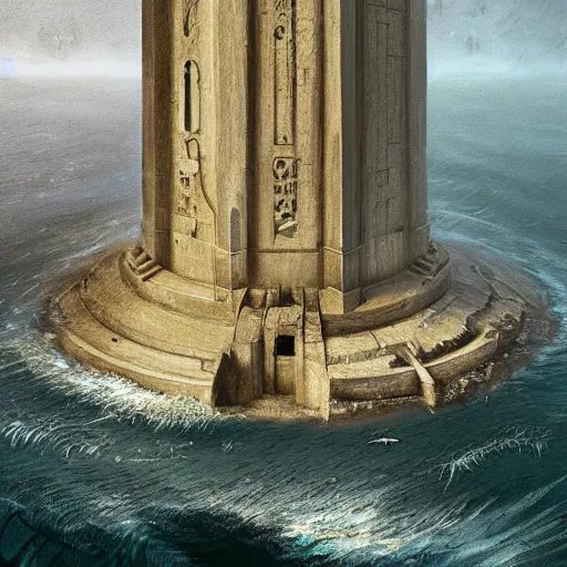 Image similar to the tower of hercules at the bottom of the sea, under water, greg rutkowski, 8 k, shallow depth of field, intricate detail, concept art,