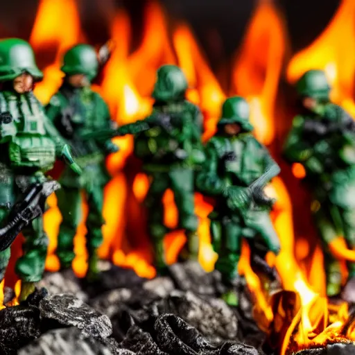 Image similar to 5 green plastic toy soldiers in set on fire . close up. DOF 100mm. F/1.8 45 45 degrees angle