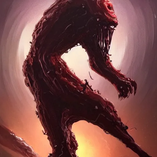 Image similar to scifi art by Greg Rutkowski, hideous monster made of twisted human flesh and reddish ooze in the shape of a dog with an elongated snout, a slender body, and elongated limbs, vicious appearance, scifi, space horror, digital painting, artstation, concept art, smooth, sharp foccus ilustration, Artstation HQ.