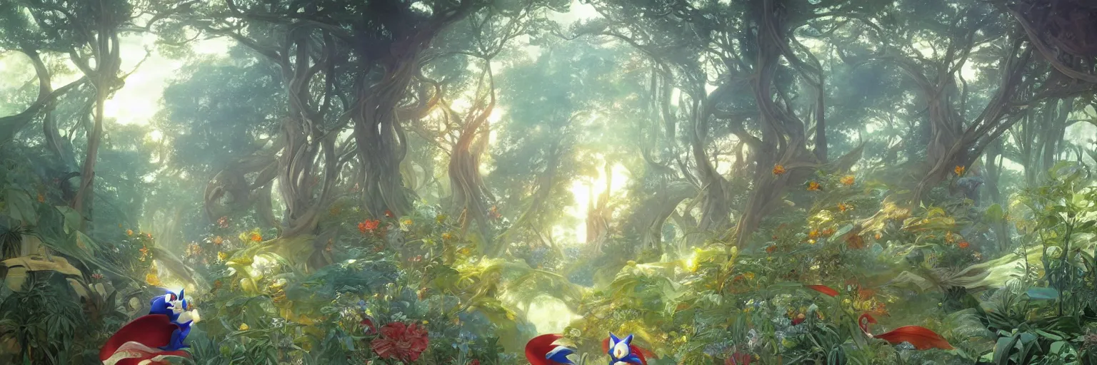 Prompt: A beautiful painting of Sonic the edgedog running through an utopian garden and forest with supertrees by Alfons Maria Mucha and Julie Dillon and Makoto Shinkai