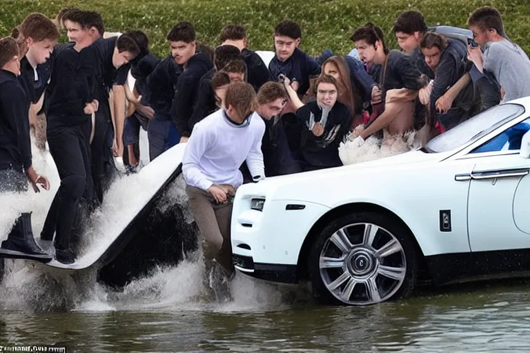 Image similar to A group of teenagers are behind a Rolls-Royce holding him by the boot and pushing him into a white lake from a small slide