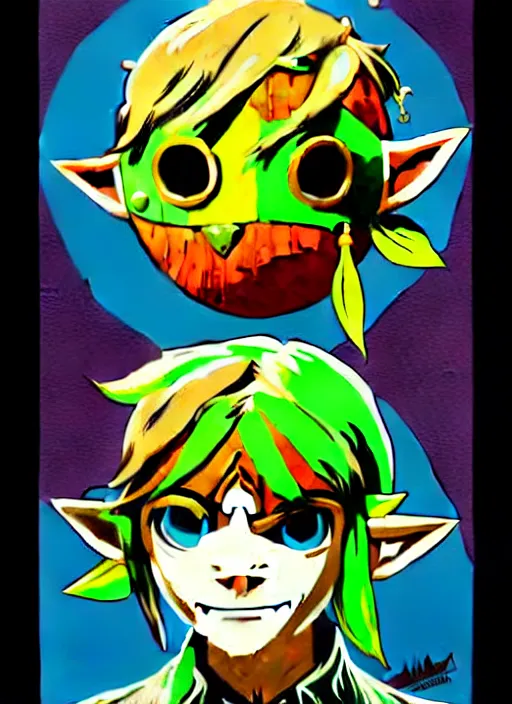 Image similar to majoras mask link!! from the legend of zelda!! portrait illustration, pop art, splash painting, art by geof darrow, ashley wood, alphonse mucha, makoto shinkai