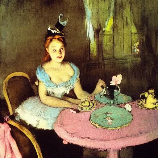 Image similar to “Alice at a tea party by Edgar Degas, Alice in Wonderland, realism”