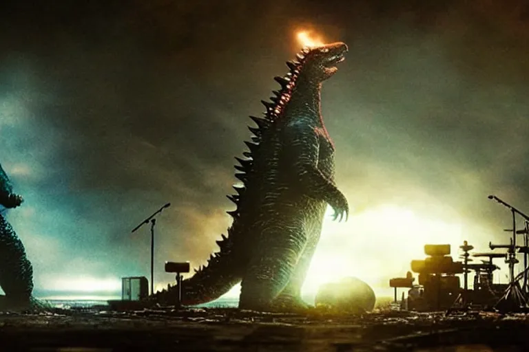 Image similar to godzilla playing the drumset, rock music, concert lights, dynamic photo, still shot from the new godzilla movie