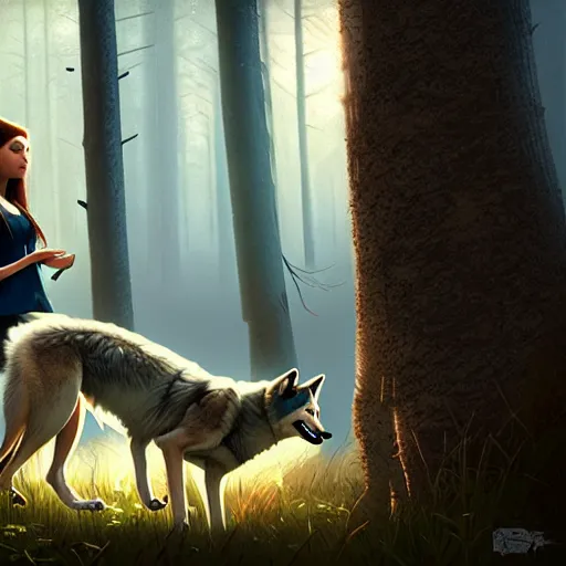 Prompt: a pretty girl petting a pack of wolves, in the woods, digital painting, photorealistic, in the style of greg rutkowski, full body, detailed face, unreal engine, 4 k