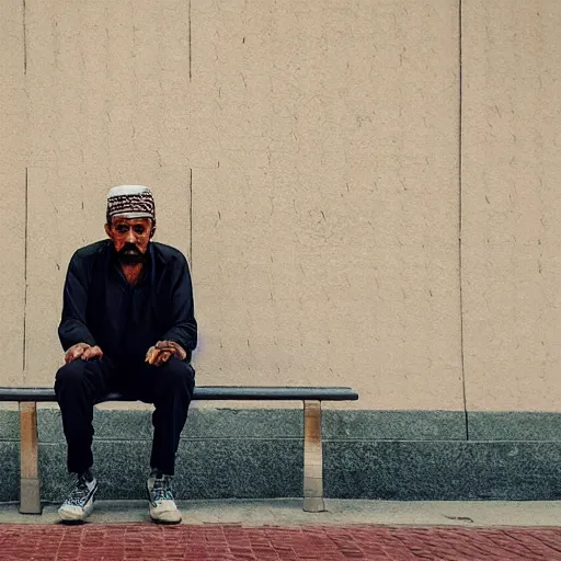 Image similar to a man sitting on a bench in front of a building, a character portrait by kamal ud - din behzad, featured on unsplash, neo - primitivism, matte photo, photo taken with ektachrome, studio portrait