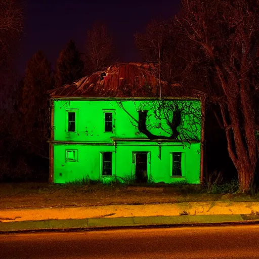 Image similar to abandoned house with green light emitting, it is night time