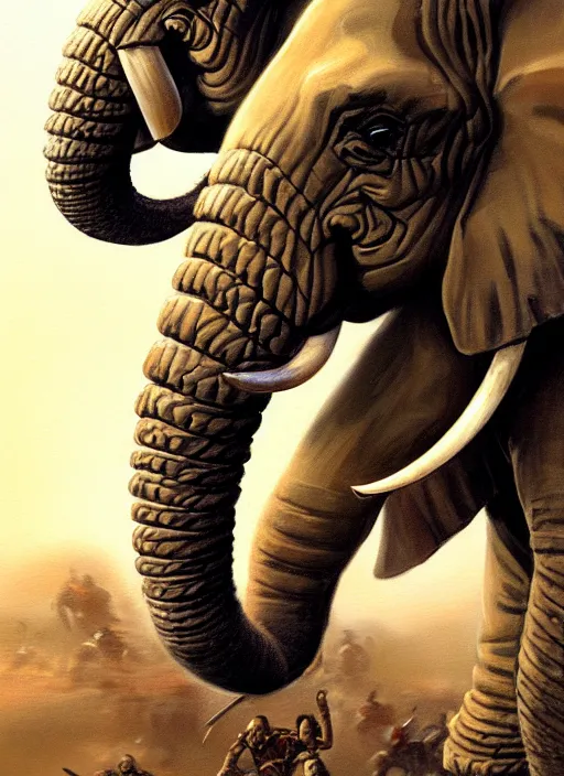 Image similar to portrait of two armored war - elephants, asian elephant, fight scene, closeup portrait, historical, ethnic decoration, elegant, loin cloth, highly detailed, oil painting, artstation, concept art, matte, sharp focus, illustration, hearthstone, art by earl norem