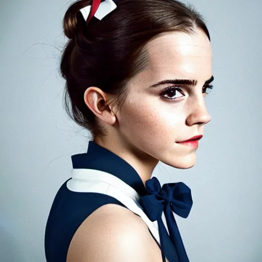 Prompt: Emma Watson with long red hear, wearing a navy dress, carrying a bow and arrow, photographed from the back, looking backwards, crisp lighting, lens flair, low contrast