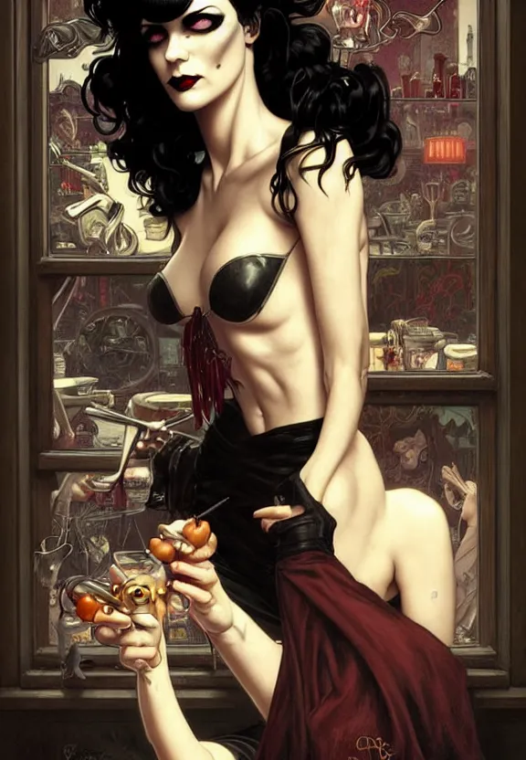 Image similar to character death from comic book the sandman in a small 5 0 ’ s style diner, fantasy magic, dark pin - up style hair, dark light night, intricate, elegant, sharp focus, illustration, highly detailed, digital painting, concept art, matte, art by wlop and artgerm and greg rutkowski and alphonse mucha, masterpiece