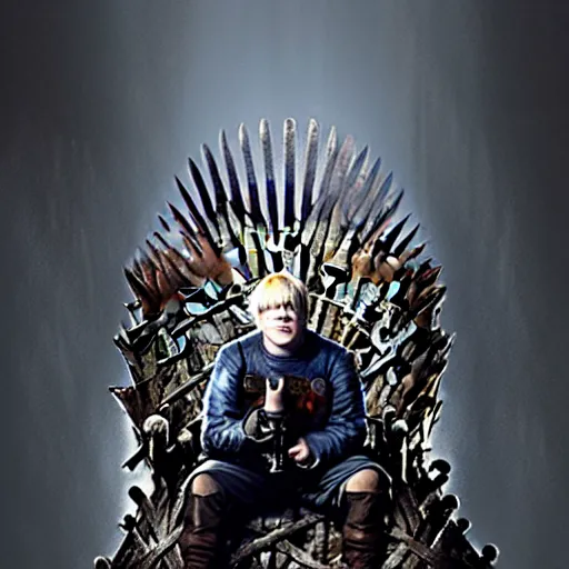Image similar to boris johnson sitting on the iron throne in game of thrones, anatomy, bathed in light, highly detailed, photorealistic, artstation, smooth, sharp focus, illustration, unreal engine 5, 8 k, art by artgerm and greg rutkowski and edgar maxence