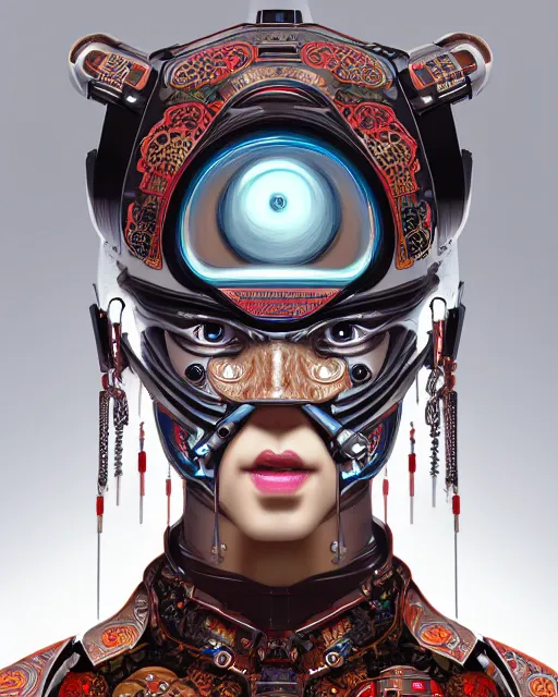 Prompt: portrait of a cyberpunk machine, machine face, upper half portrait, decorated with chinese opera motifs, asian, fine china, traditional chinese art, intricate, elegant, highly detailed, symmetry, headpiece, digital painting, artstation, concept art, smooth, sharp focus, illustration, art by artgerm and greg rutkowski and alphonse mucha, 8 k