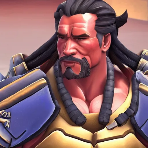 Image similar to a screenshot of arnold schwarzenegger as hanzo in overwatch, full body shot