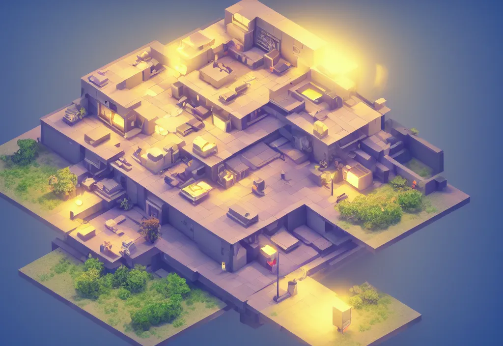 Image similar to isometric magicavoxel modern house, magicavoxel cinematic lighting, 4k