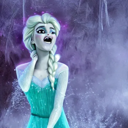 Image similar to A horror rendition of Elsa from Frozen, razor sharp teeth